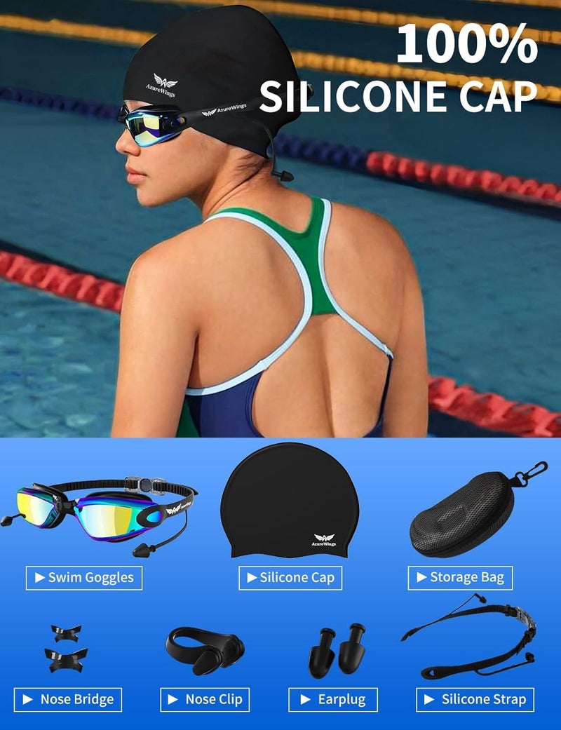 AzureWings 7 in 1 Swim Goggles + Swim Cap for Men Women,No Leak Anti-Fog & UV, Wide Visio HD Mirror PC Lens - Image 3